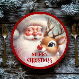 Playful Cartoon Santa Rudolph Christmas Plates Pappteller