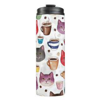 Playful Cat and Coffee Doodle Pattern Thermosbecher