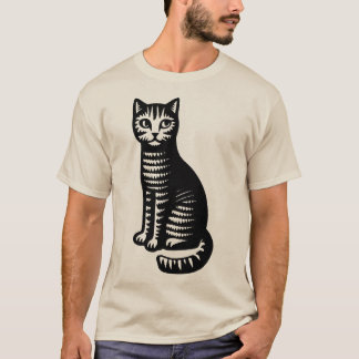 Playful Cat Woodcut Style T-Shirt