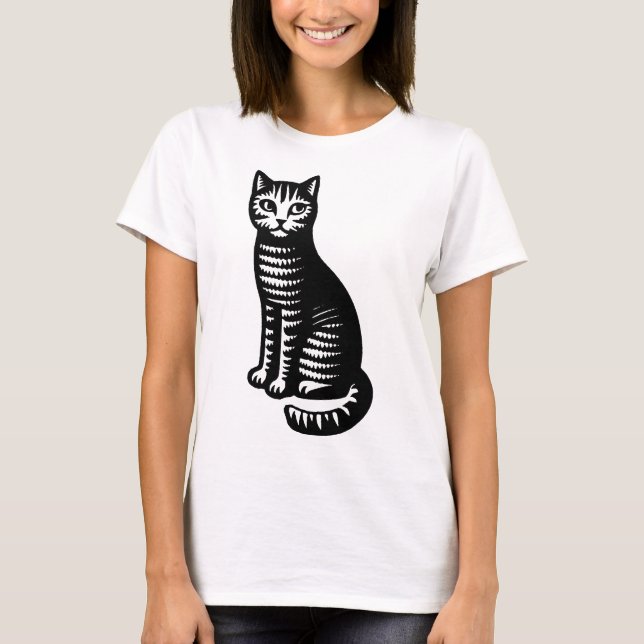 Playful Cat Woodcut Style T-Shirt (Vorderseite)