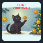 Playful Christmas Kitten Quadratischer Aufkleber<br><div class="desc">Dieses niedliche Schwarze Kitten liebt Weihnachten mit all den dangelnden Baum-Ornamenten,  die ihm gewartet werden,  sich anzustürzen und herumzuschlagen. Was für ein Spaß!</div>