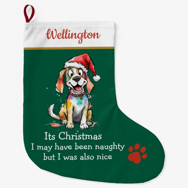 Playful Dog Christmas Stocking –  Cute Festive Großer Weihnachtsstrumpf (Vorderseite)