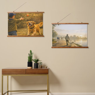 Playful Dog Day Horizontal Tapestry Wall Art Set Wandteppich Mit Holzrahmen