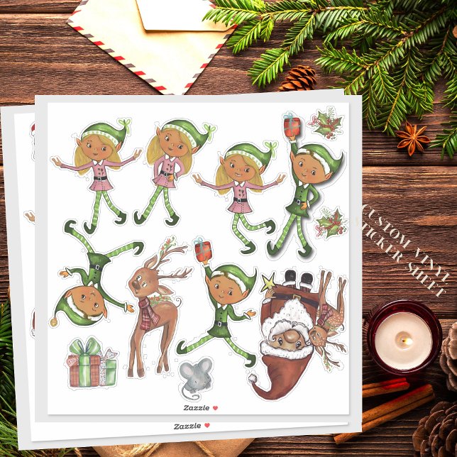 Playful Elves and Dynamic Santa Poses Custom Cut  Aufkleber (Playful Elves and Dynamic Santa Poses Custom Cut Sticker)