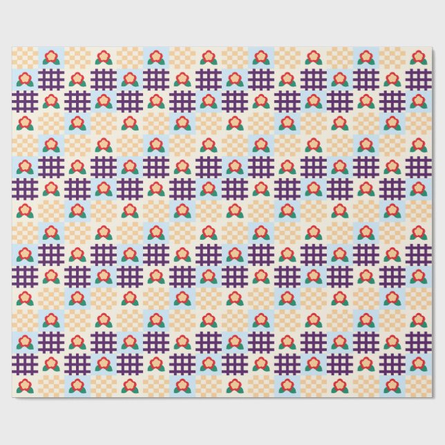 Playful Floral Grid Pattern Geschenkpapier (Flach)