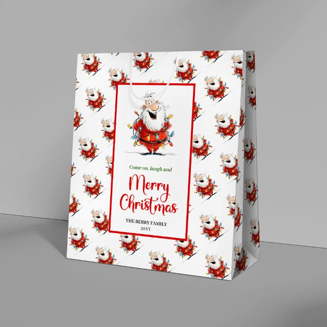 Playful funny Santa artistic red green gift bag Mittlere Geschenktüte (Playful funny Santa artistic red green gift bag)