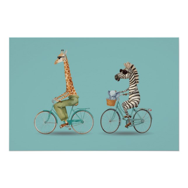 Playful Giraffe and Zebra Cycling Poster (Vorderseite)
