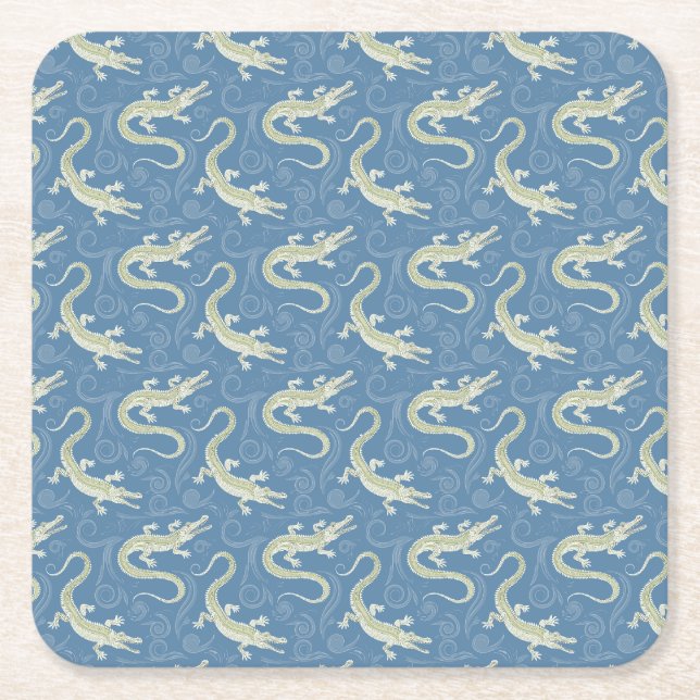 Playful Green Alligator Paisley on Blue Rechteckiger Pappuntersetzer (Vorderseite)