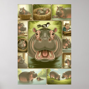 Playful Hippo & Bird Art Print - 13 Illustrierte Poster