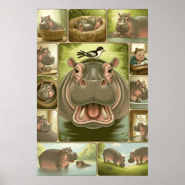 Playful Hippo & Bird Art Print - 13 Illustrierte Poster (Vorne)