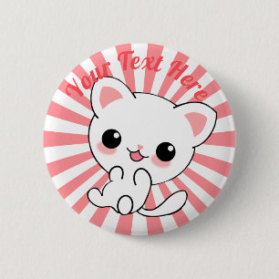 Playful Kawaii White Kitten Custom Button