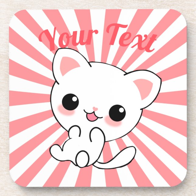 Playful Kawaii White Kitten Custom Getränkeuntersetzer (Vorderseite)