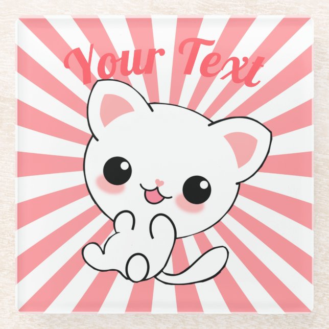 Playful Kawaii White Kitten Custom Glasuntersetzer (Vorderseite)