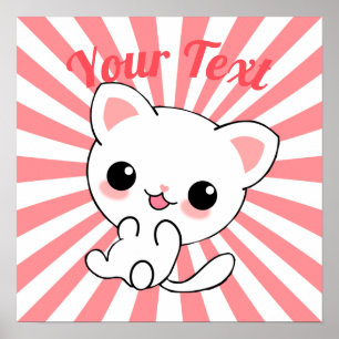 Playful Kawaii White Kitten Custom Poster