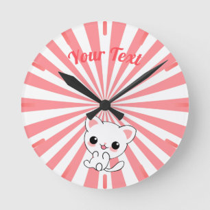 Playful Kawaii White Kitten Custom Runde Wanduhr