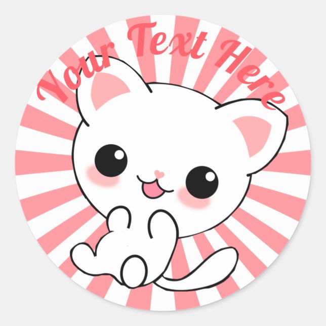 Playful Kawaii White Kitten Custom Runder Aufkleber (Vorderseite)