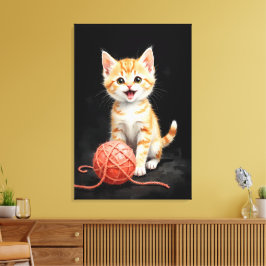 Playful Kitten Cat with Yarn Watercolor Print Leinwanddruck