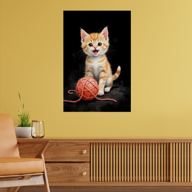Playful Kitten Cat with Yarn Watercolor Print Poster (Wohnzimmer 2)
