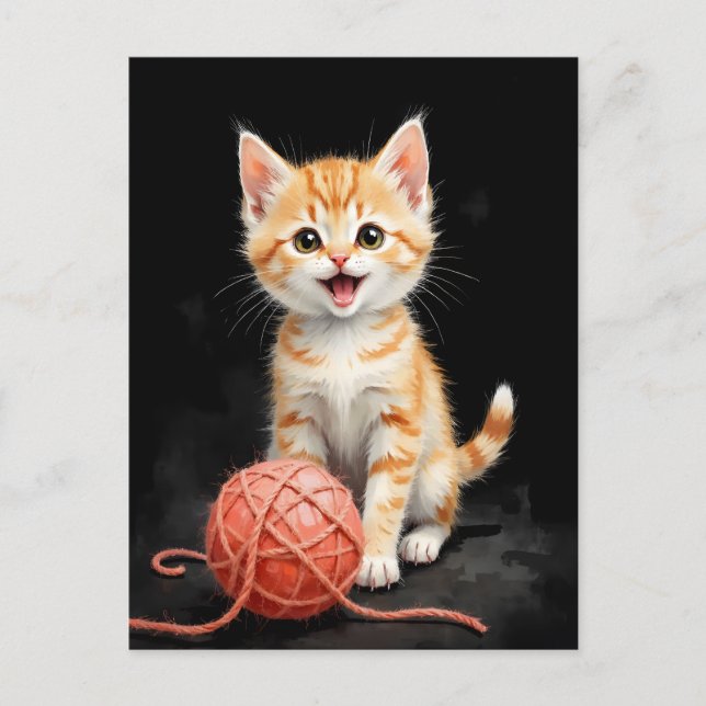 Playful Kitten Cat with Yarn Watercolor Print Postkarte (Vorderseite)