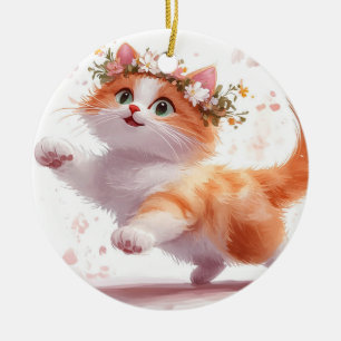 Playful Kitten mit Daisy Blume Crown Keramik Ornament