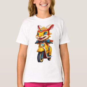Playful Lion Dance Bunny on Scooter T-Shirt