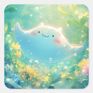 Playful Manta Ray in a Underwater Garden Quadratischer Aufkleber