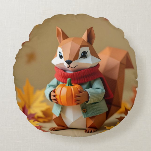 Playful Origami Eichhörnchen mit Pumpkin | Fall Th Rundes Kissen (Vorderseite)