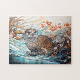 Playful otter in pond with reflections puzzle