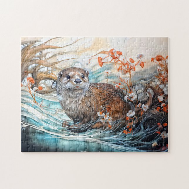 Playful otter in pond with reflections puzzle (Horizontal)