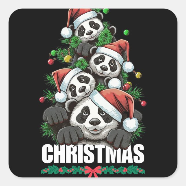 Playful Panda Weihnachtsaufkleber Quadratischer Aufkleber (Vorderseite)