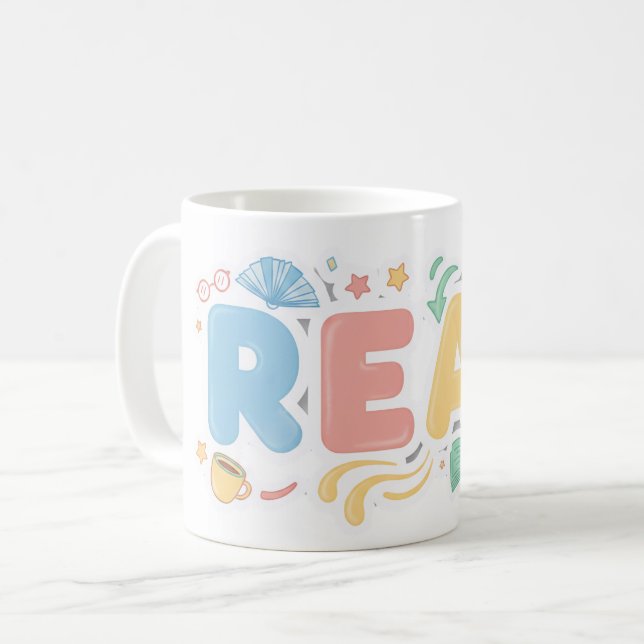 Playful Pastel Bubble "READ" Sticker Style Kaffeetasse (Vorderseite Links)