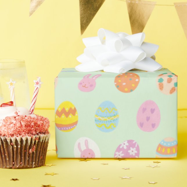 Playful Pastel Easter Eggs & Bunnies Spring Green Geschenkpapier (Geburtstagsparty)
