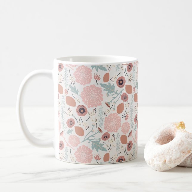 Playful Pink Cream Blue Repeat Floral Print Kaffeetasse (Mit Donut)