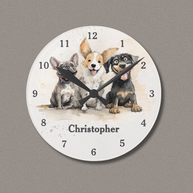 Playful Puppy Hunde Wasserfarbe Personalisiert Runde Wanduhr (Playful Puppy Dogs Personalized Clock with Watercolor Puppies, Boy's Name.)