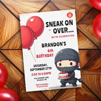 Playful Red Balloons and Cake Ninja Kids Birthday Einladung