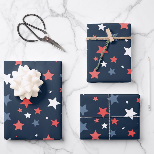 Playful Red White Blue Star Gift Wrap Geschenkpapier Set (Vorderseite)