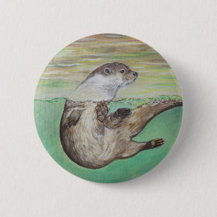 Playful River Otter Painting Button