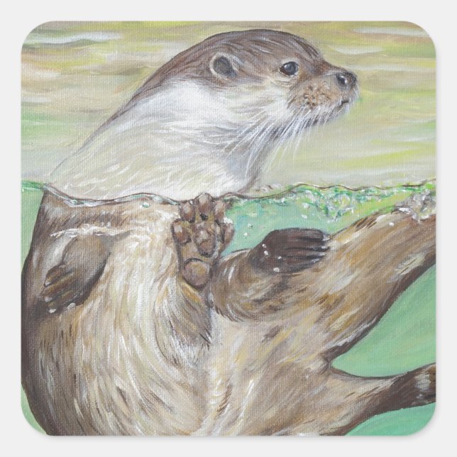Playful River Otter Painting Quadratischer Aufkleber (Vorderseite)