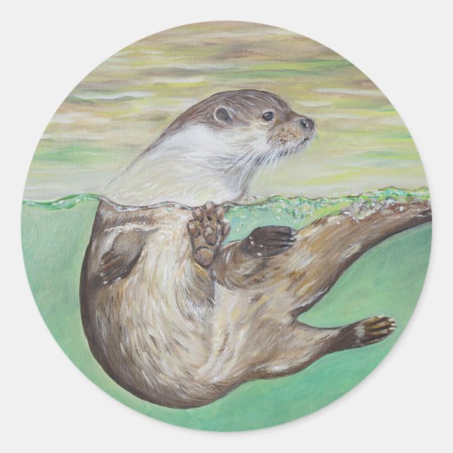 Playful River Otter Painting Runder Aufkleber (Vorderseite)