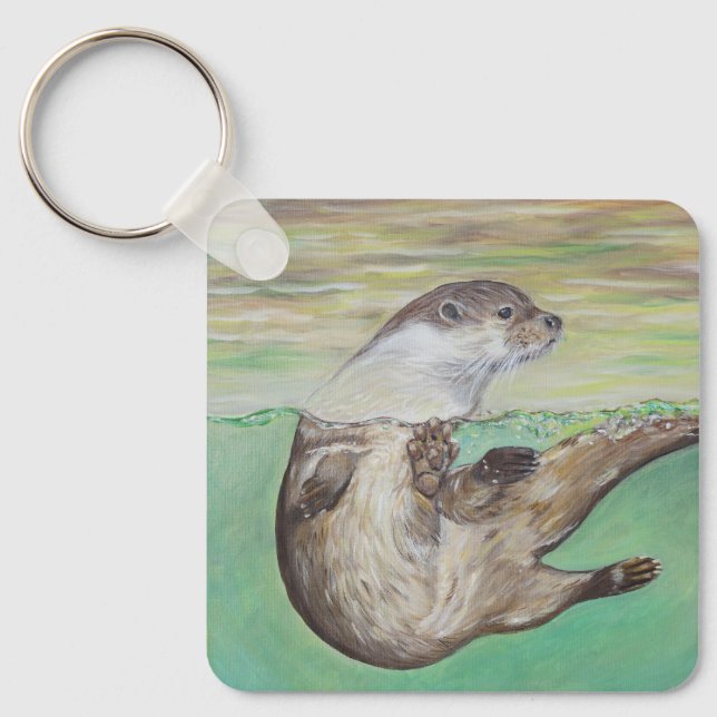 Playful River Otter Painting Schlüsselanhänger (Vorderseite)