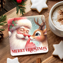 Playful Santa and Rudolph Festive Drink Coasters Rechteckiger Pappuntersetzer