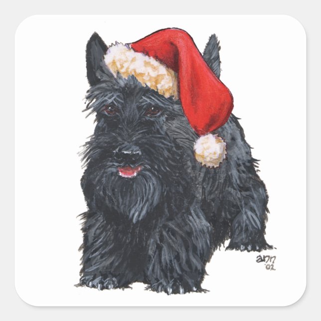Playful Scottish Terrier Santa Quadratischer Aufkleber (Vorderseite)