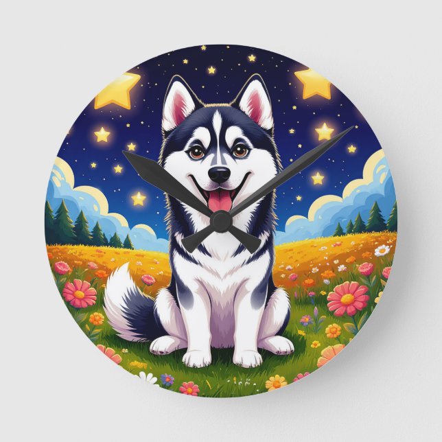Playful Siberian Husky Runde Wanduhr (Vorderseite)