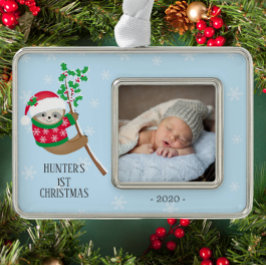 Playful Sloth First Christmas Foto Rahmen-Ornament Silber