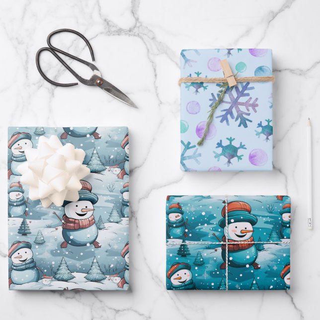 Playful Snowmen Pine Trees Schneeflocken Weihnacht Geschenkpapier Set (Vorderseite)