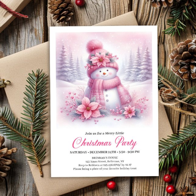 Playful Snowy Forest Pink Snowman Kids Invitation Einladung (Playful Snowy Forest Pink Snowman Kids Invite Download)