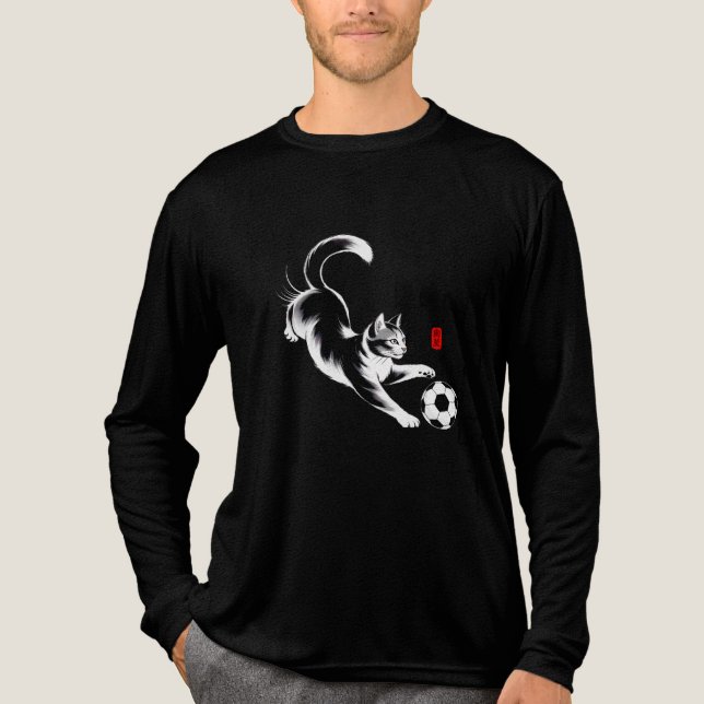 Playful Soccer Cat Ink Brush Art - Asian Style Tri-Blend Shirt (Vorderseite)
