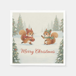 Playful Squirrels in Christmas Winter Forest Serviette