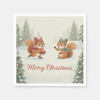 Playful Squirrels in Christmas Winter Forest Serviette