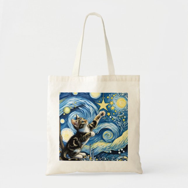 Playful Starry Night Kitten Blue Tragetasche (Vorne)